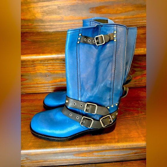 Free People Blue Leather Janey Buckle Boots - sz 9.5 - Picture 2 of 5